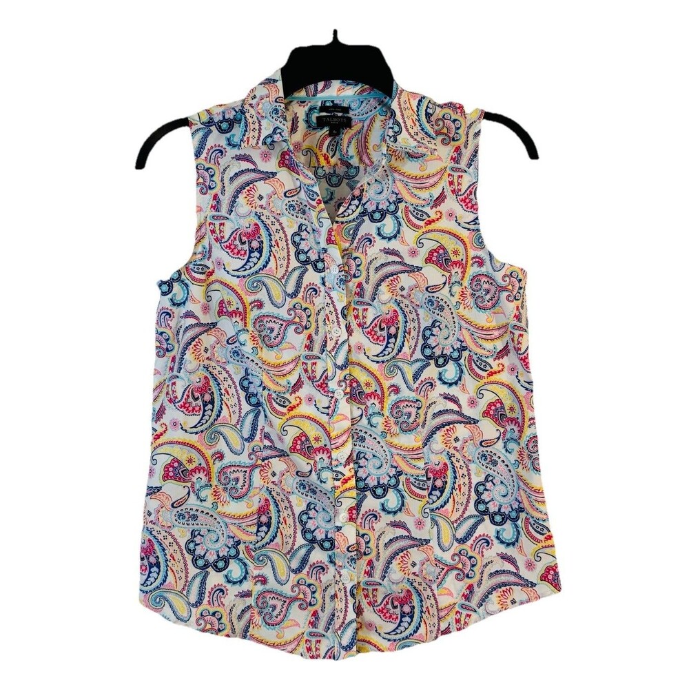 Talbots Non Iron Sleeveless Collared Button Front Shirt Sz 4P Pastels